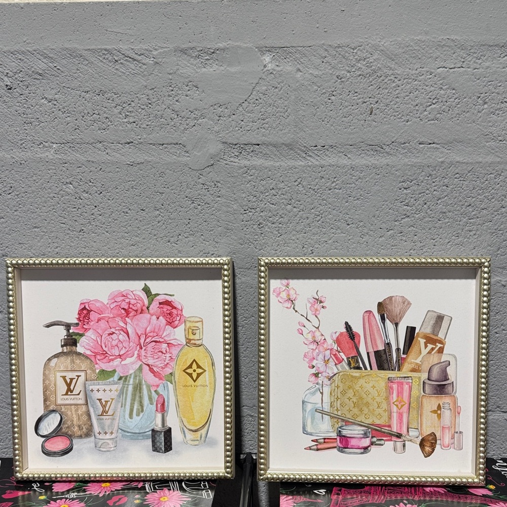 Louis Vuitton Pink and Gold Floral Cosmetic Art Prints (Pair)